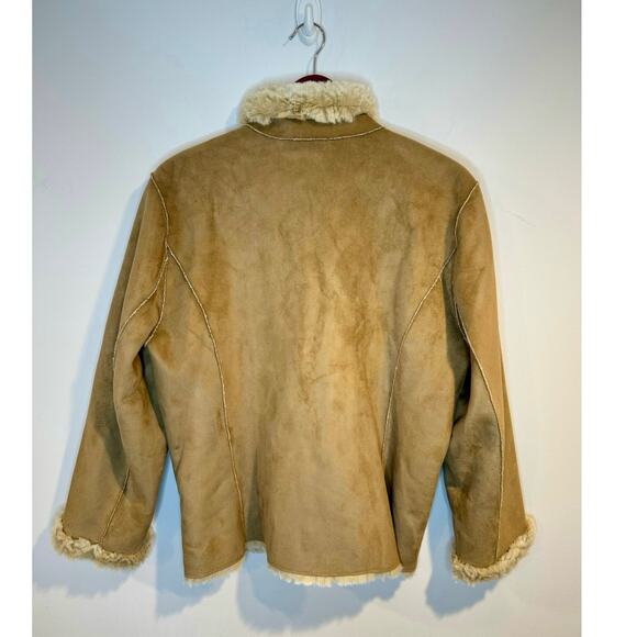 Y2K Boho Faux Shearling Suede Tan Zip-Up Cozy Curly Fleece Lining Jacket PL - Picture 4 of 8